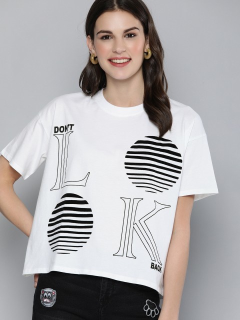 

HERE&NOW Women White Printed Round Neck Boxy Crop T-shirt