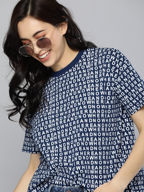 

HERENOW Women Navy Blue White Printed Round Neck Pure Cotton T-shirt