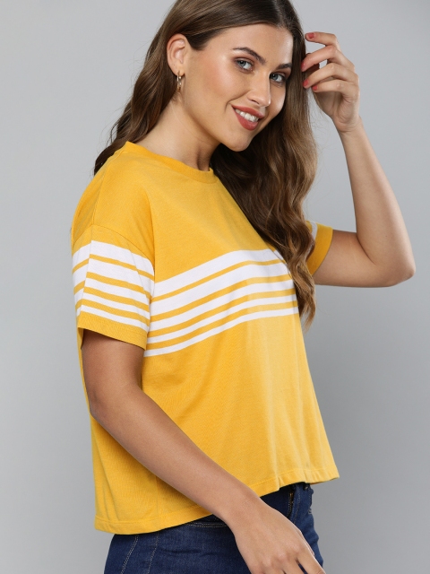 

HERE&NOW Women Mustard Yellow & White Striped Round Neck Boxy T-shirt