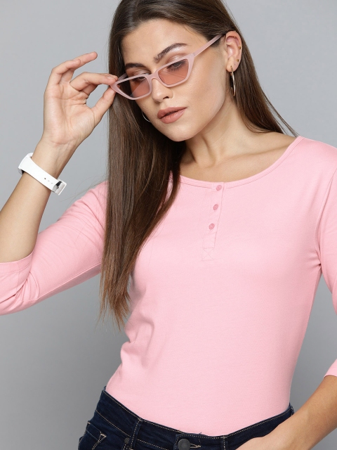 

HERE&NOW Women Pink Solid Henley Neck T-shirt