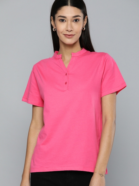 

HERENOW Women Pink Solid Mandarin Collar Pure Cotton T-shirt