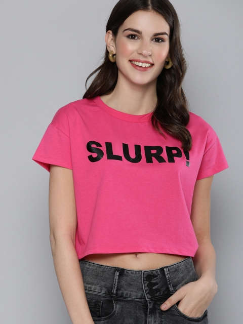 

HERENOW Women Pink Printed Round Neck Boxy Crop Pure Cotton T-shirt