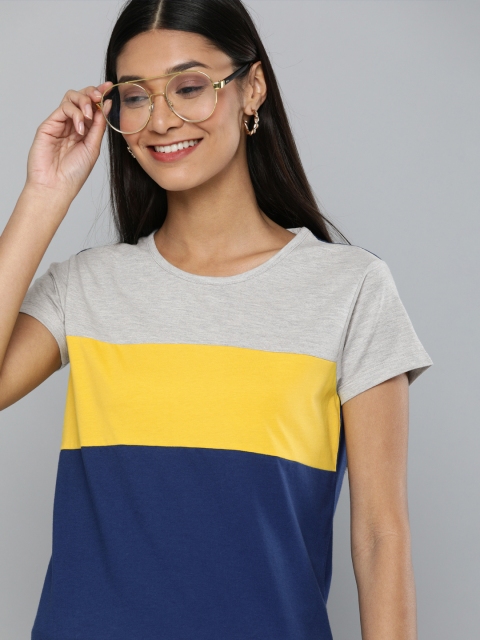 

HERENOW Women Grey Melange Yellow Colourblocked Round Neck Pure Cotton T-shirt