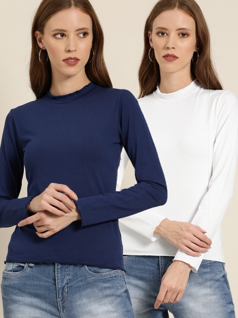 

Moda Rapido Pack of 2 Women Navy Blue Solid High Neck T-shirt