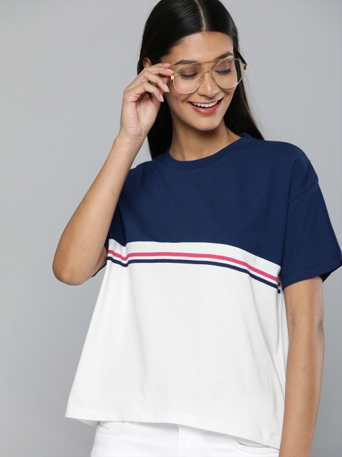 

HERENOW Women Blue White Colourblocked Round Neck Pure Cotton T-shirt