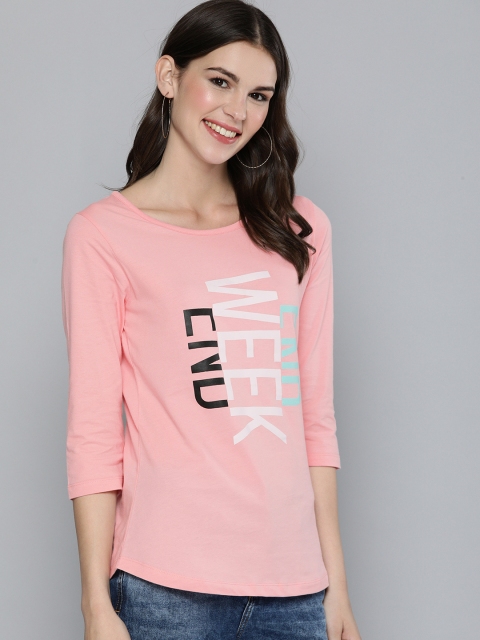 

HERENOW Women Pink Printed Round Neck Pure Cotton T-shirt