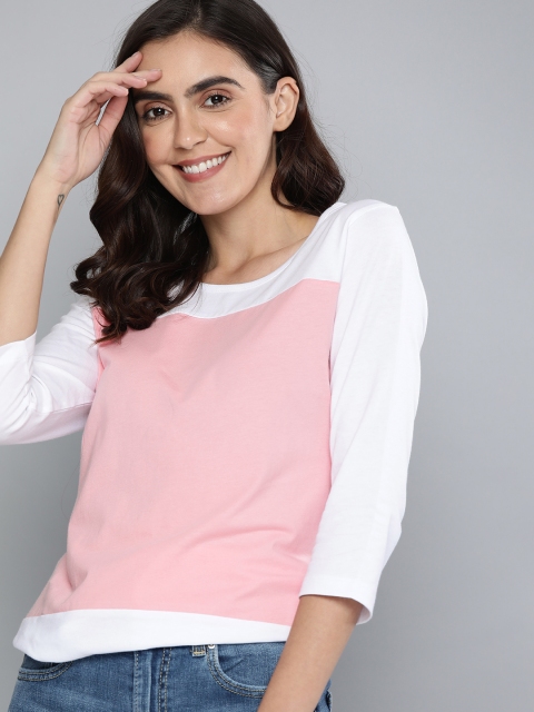 

HERE&NOW Women Pink & White Colourblocked Round Neck T-shirt