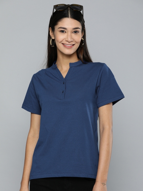 

HERENOW Women Navy Blue Solid Mandarin Collar Pure Cotton T-shirt