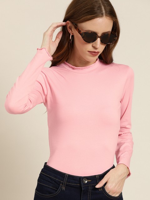 

Moda Rapido Women Peach-Coloured Solid High Neck T-shirt With Lettuce Hem
