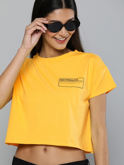 

HERENOW Women Mustard Yellow Printed Detail Round Neck Boxy Crop Pure Cotton T-shirt