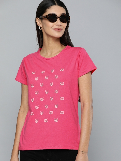 

HERENOW Women Pink Printed Round Neck Pure Cotton T-shirt