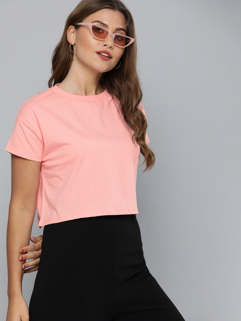 

HERE&NOW Women Pink Solid Round Neck Cropped T-shirt