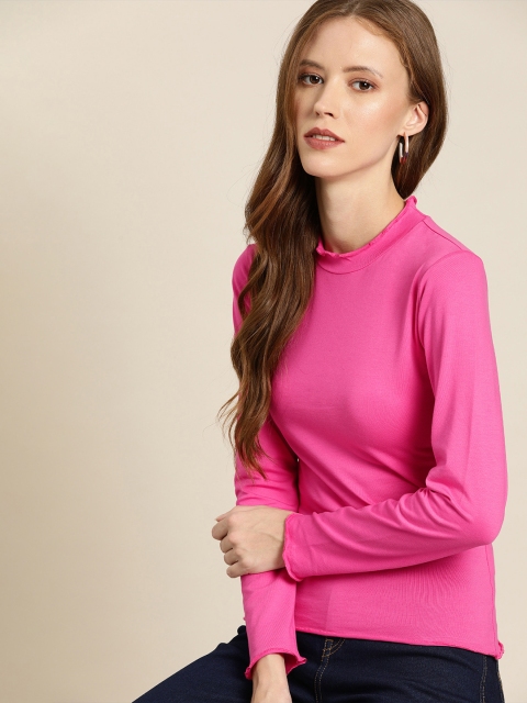

Moda Rapido Women Fuchsia Solid High Neck T-shirt With Lettuce Hem