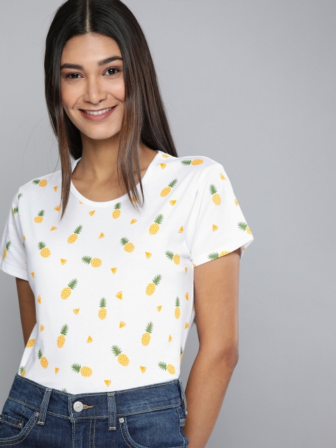 

HERE&NOW Women White & Yellow Conversational Printed Round Neck T-shirt