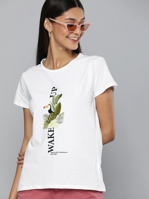 

HERENOW Women White Black Typography Print Round Neck Pure Cotton T-shirt