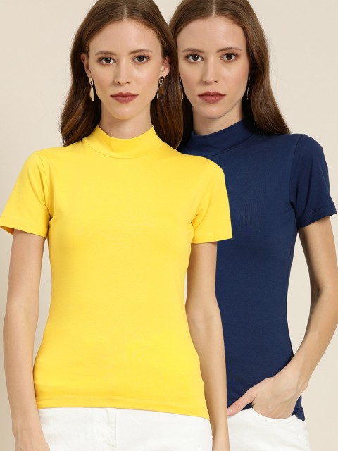 

Moda Rapido Pack of 2 Women Yellow Solid High Neck T-shirt