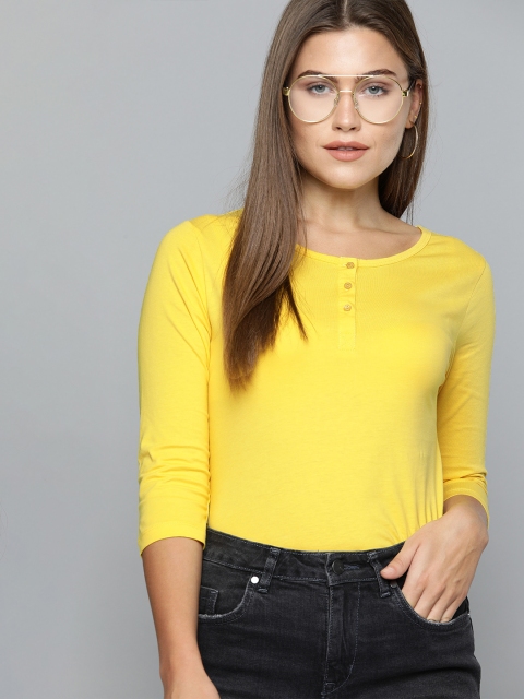 

HERE&NOW Women Yellow Solid Henley Neck T-shirt