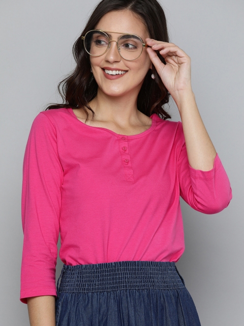 

HERE&NOW Women Pink Solid Henley Neck T-shirt