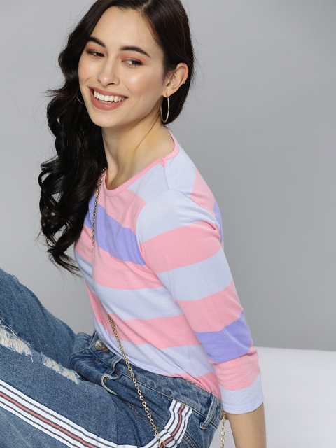 

HERE&NOW Women Pink & Purple Striped Round Neck T-shirt