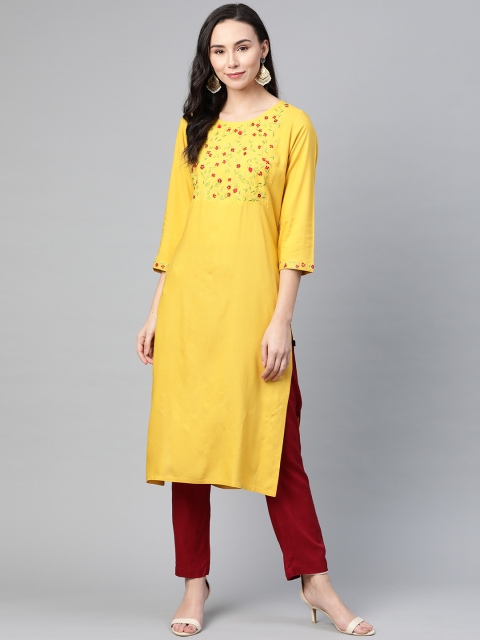 

clorals Women Mustard Yellow & Maroon Embroidered Yoke Design Kurta with Trousers