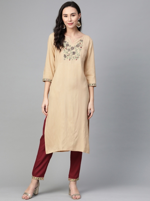 

clorals Women Beige & Maroon Yoke Design Embroidered Kurta with Trousers