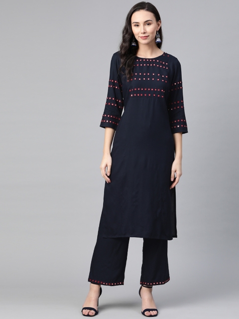 

clorals Women Navy Blue & Red Mirror Work Yoke Design Kurta with Palazzos