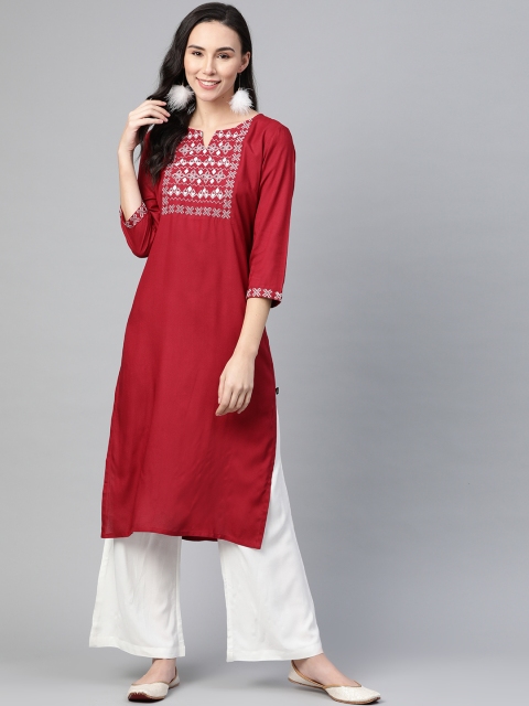 

clorals Women Maroon & White Embroidered Yoke Design Kurta with Palazzos