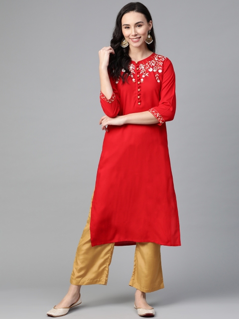 

clorals Women Red & Beige Floral Embroidered Yoke Design Kurta with Palazzos