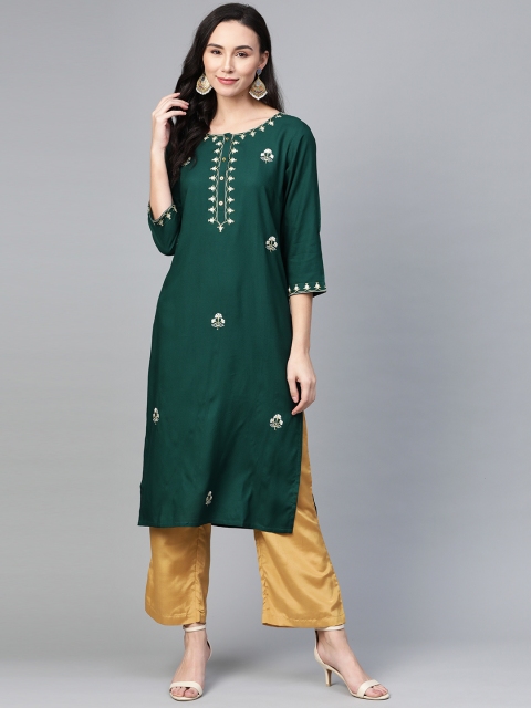 

clorals Women Green & Golden Embroidered Kurta with Palazzos