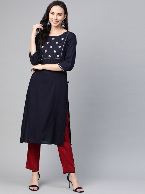 

clorals Women Navy Blue & Maroon Embroidered Yoke Design Kurta with Trousers