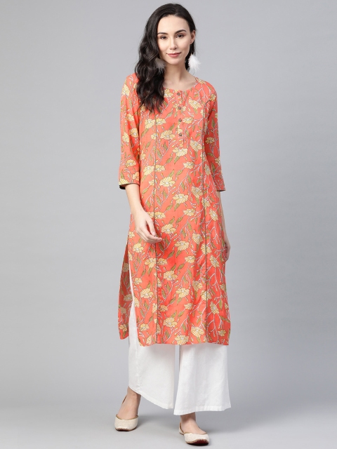 

clorals Women Peach-Coloured & Yellow Printed Straight Kurta