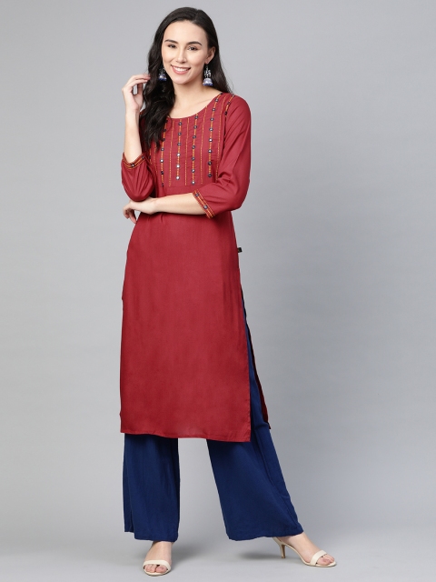 

clorals Women Maroon Yoke Design Straight Kurta