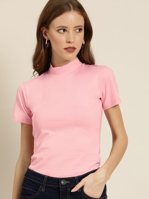 

Moda Rapido Women Peach-Coloured Solid High Neck T-shirt