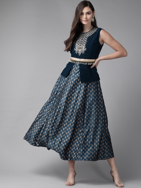 

Juniper Women Blue Printed Velvet Maxi Dress