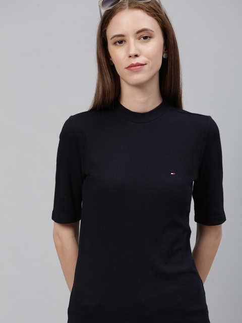 

Tommy Hilfiger Women Navy Blue Slim Fit Solid High Neck T-shirt