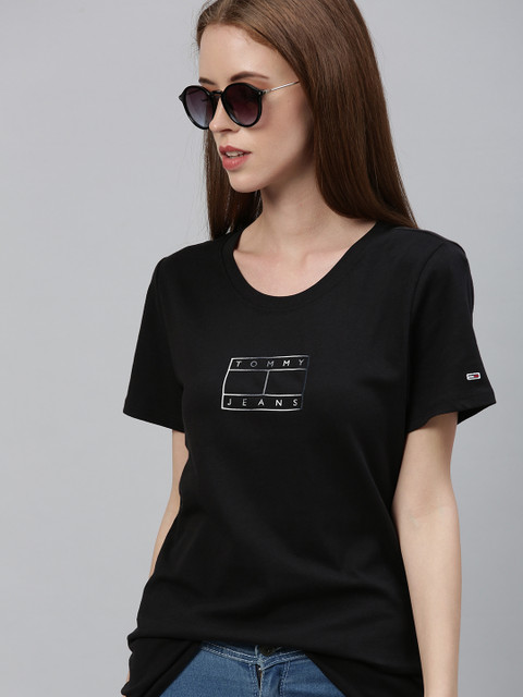 

Tommy Hilfiger Women Black Solid Round Neck Longline T-shirt with Printed Detail