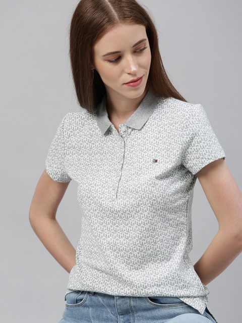 

Tommy Hilfiger Women Grey Printed Slim Fit Polo Collar T-shirt