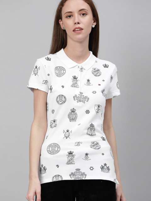 

Tommy Hilfiger Women White & Navy Blue Printed Slim Fit Polo Collar T-shirt
