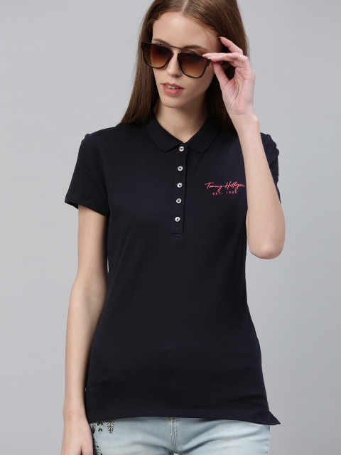 

Tommy Hilfiger Women Navy Blue Solid Slim Fit Polo Collar T-shirt