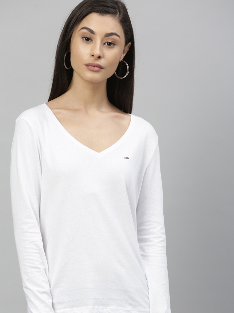 

Tommy Hilfiger Women White Solid V-Neck T-shirt