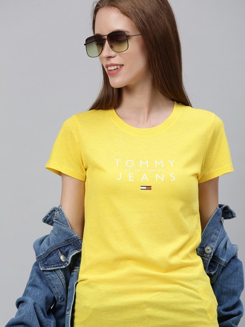 

Tommy Hilfiger Women Yellow Brand Logo Printed Round Neck Longline T-shirt