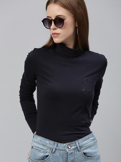 

Tommy Hilfiger Women Navy Blue Solid Slim Fit Turtle Neck T-shirt with Embroidery