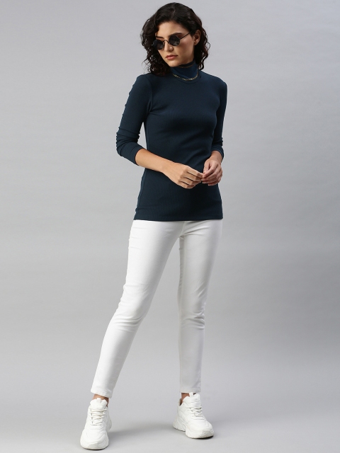 

Tommy Hilfiger Women Navy Blue High Neck Skinny Fit METALLIC T-shirt