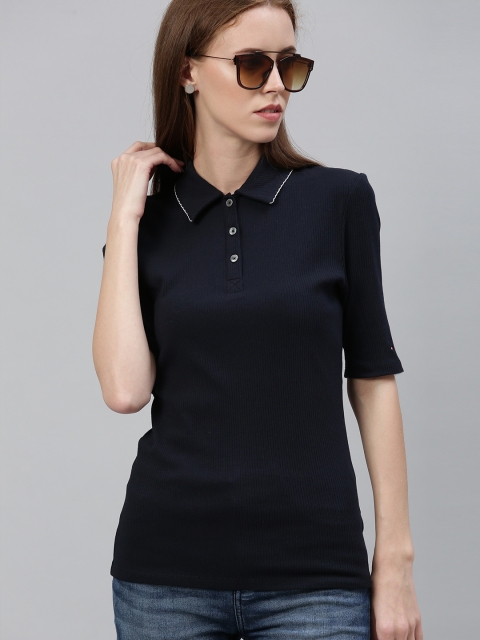 

Tommy Hilfiger Women Navy Blue Slim Fit Ribbed Polo Collar T-shirt