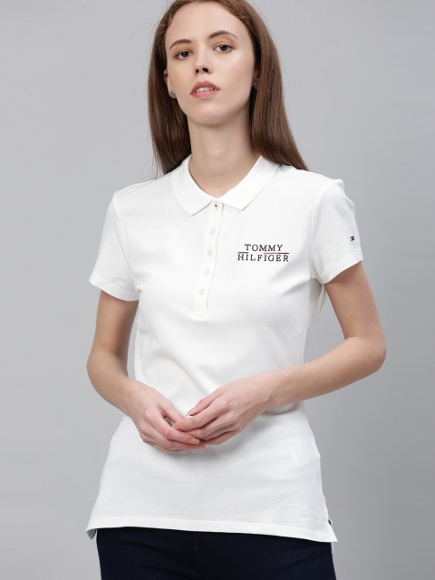 

Tommy Hilfiger Women White Slim Fit Solid Polo Collar T-shirt with Embroidered Detail