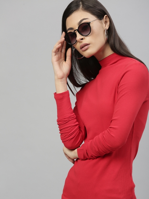 

Tommy Hilfiger Women Red Skinny Fit Ribbed High Neck T-shirt
