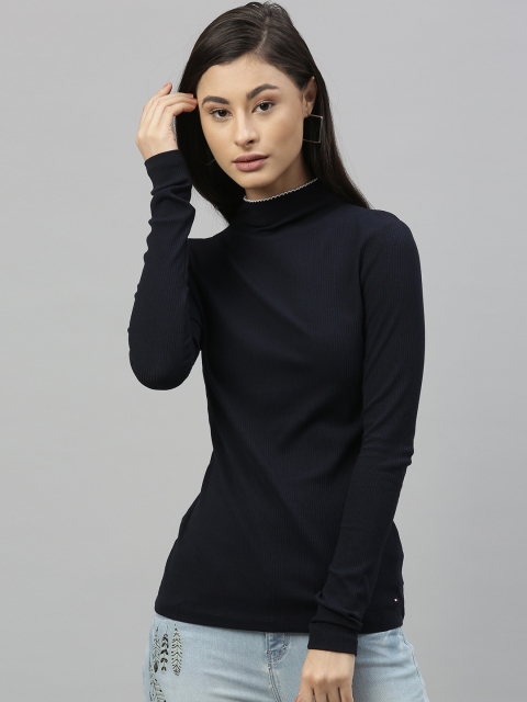 

Tommy Hilfiger Women Navy Blue Solid High Neck T-shirt