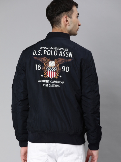 

U.S. Polo Assn. Denim Co. Men Navy Blue Printed Bomber Jacket With Applique Detail