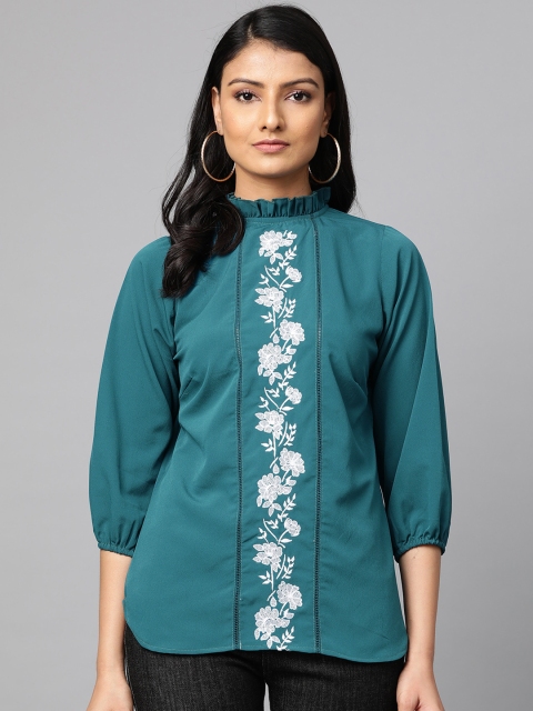 

plusS Women Teal Green Embroidered Top