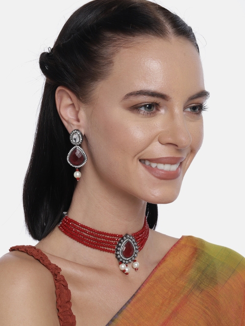 

LAIDA Maroon & White Rhodium Plated Jewellery Set